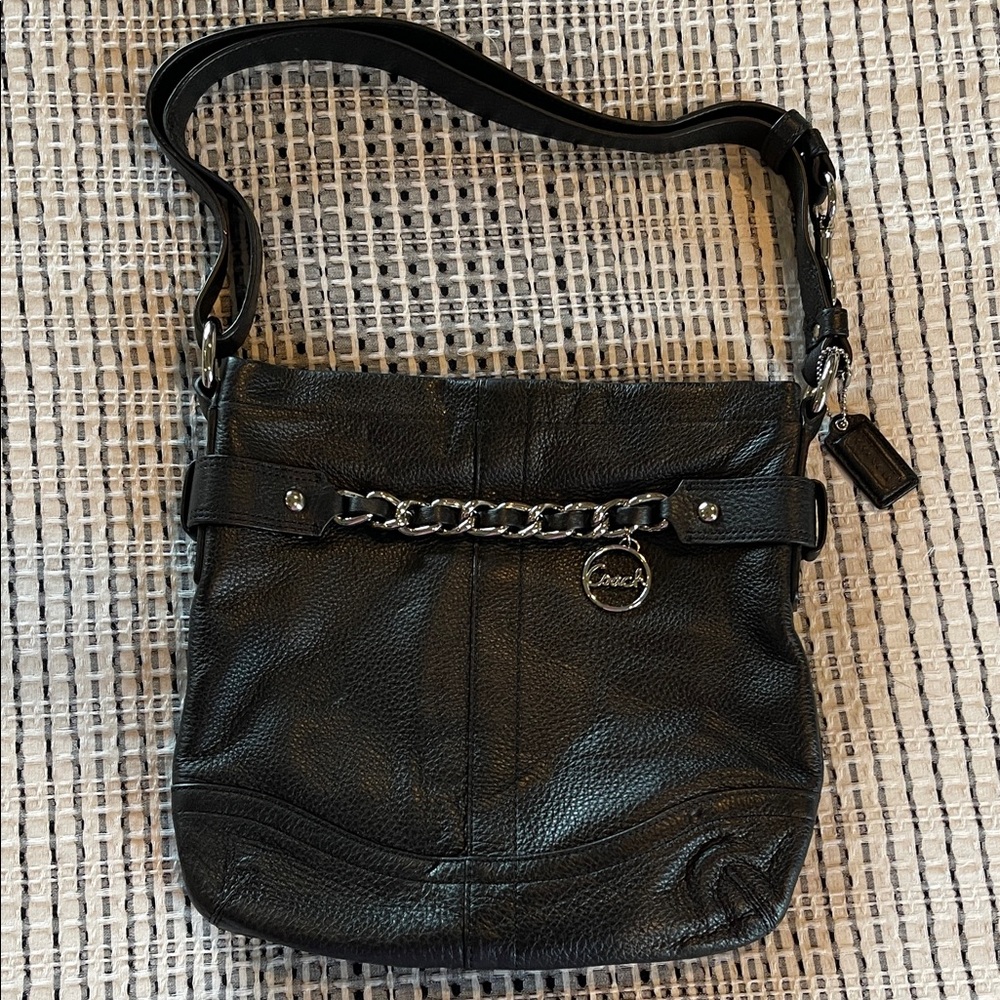 Coach Black Leather Shoulder Bag with Chain Accent   F19722